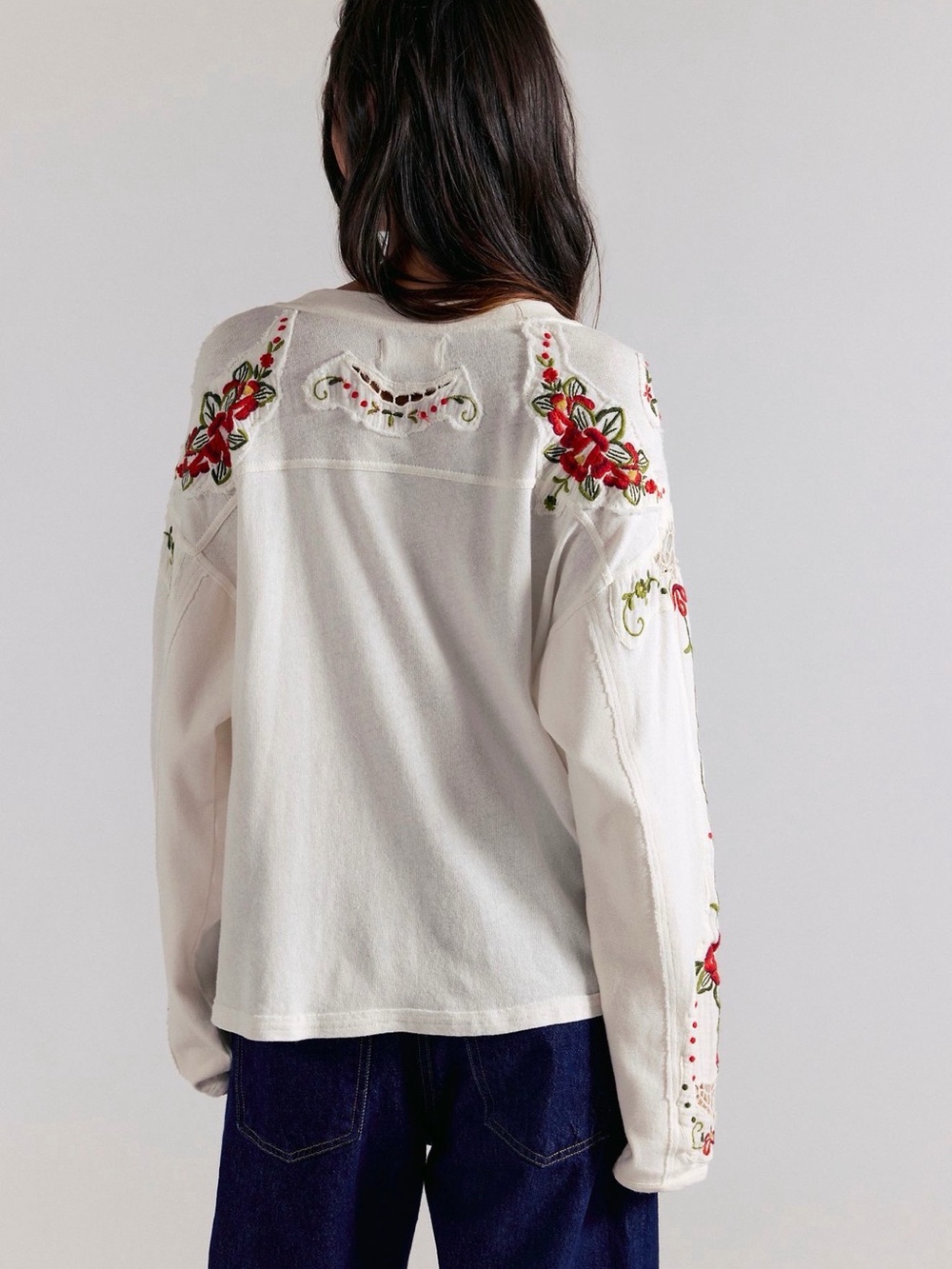 Free People Embroidered Cream Floral Sleeve Pullover Top with '72' Graphic - Picture 3 of 7